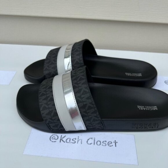 Michael Kors Brandy Metallic Striped Logo Slide Sandal- Black Multi - Picture 1 of 5